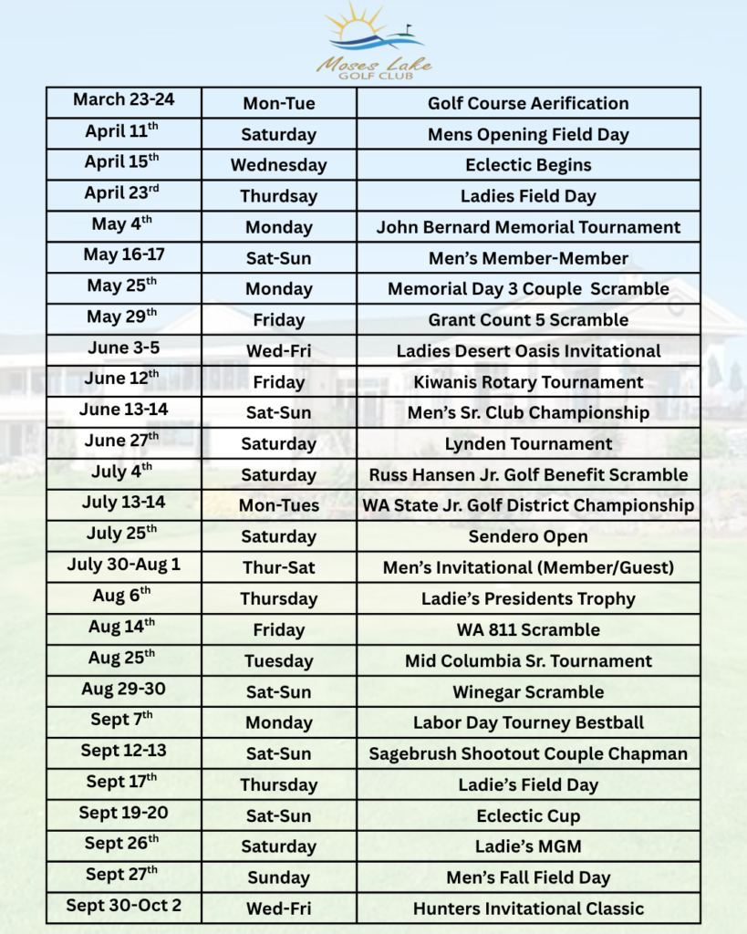 Full 2026 Tournament Schedule at Moses Lake.
