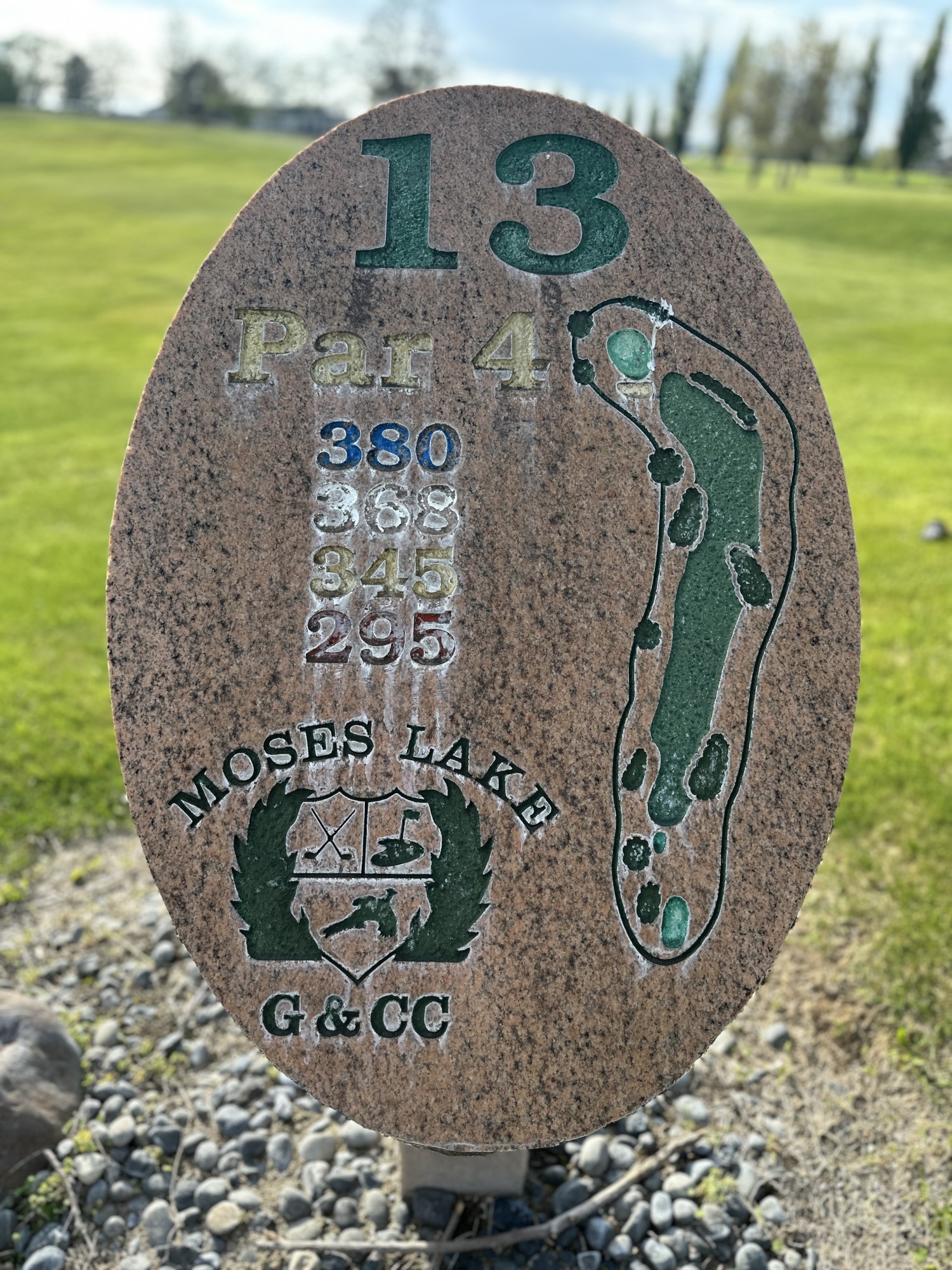 Hole 13 sign showing Par 4 at 380 yards.