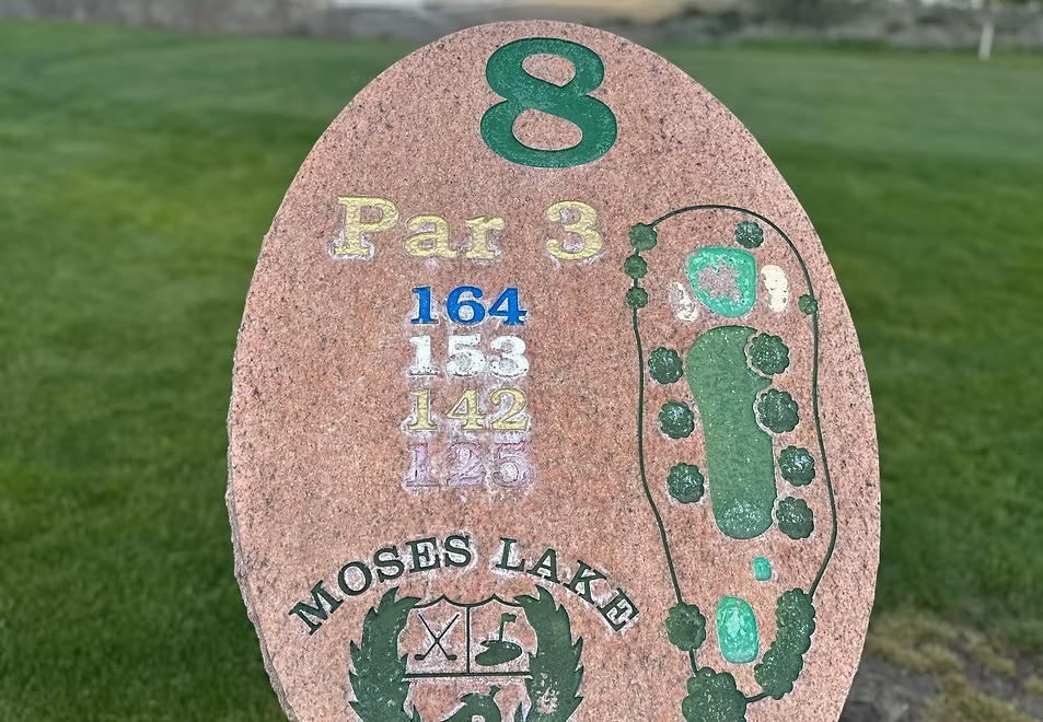 Hole 8 sign showing Par 3 at 164 yards.